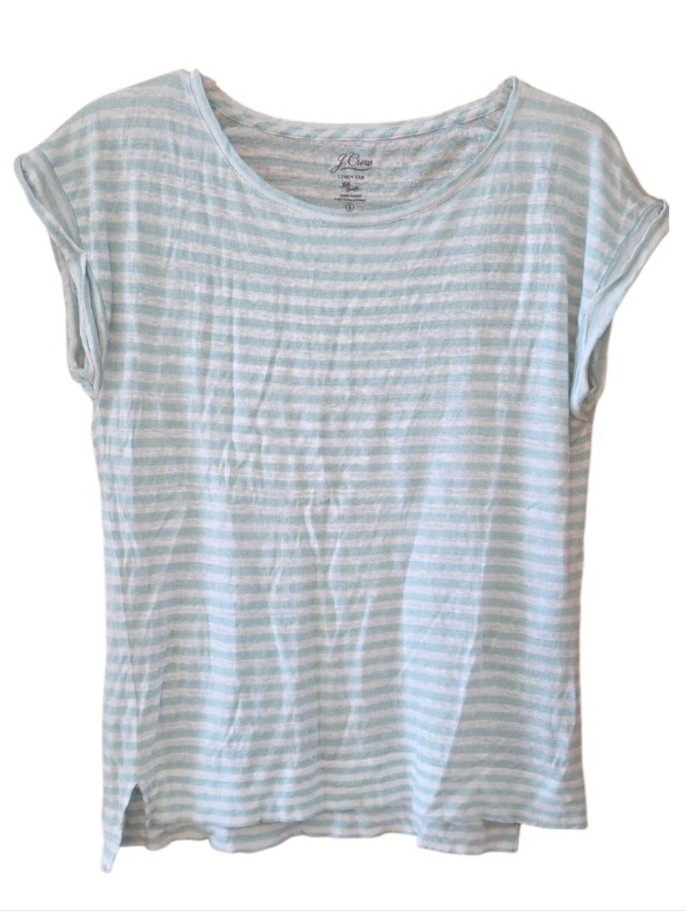 J. Crew Womans 100% Linen Short Sleeve Tee in Aqua and White Stripes Size Small